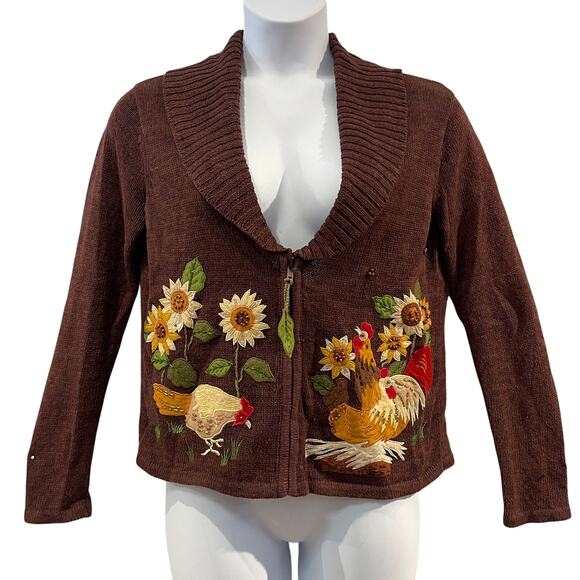 Tiara international Sweaters - VINTAGE 90s Tiara Int Chicken & Sunflowers Country Charm Cardigan Sweater Size S